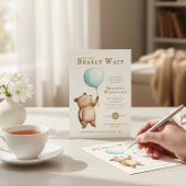 Bearly Wait blue Balloon Baby Shower QR Code 招待状