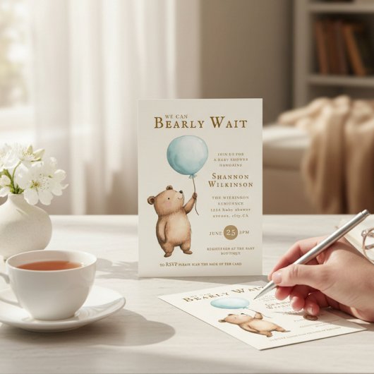 Bearly Wait blue Balloon Baby Shower QR Code 招待状