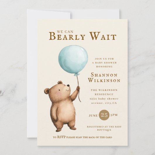 Bearly Wait blue Balloon Baby Shower QR Code 招待状 (正面)