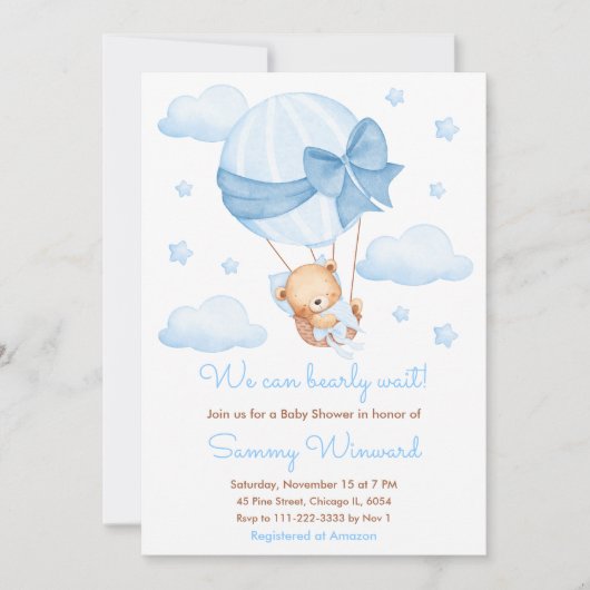 Bearly Wait Blue Balloon Boy Baby Shower 招待状 (正面)