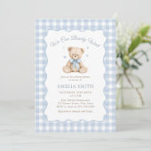 Bearly Wait Blue Teddy Bear Baby Shower 招待状 (スタンド正面)