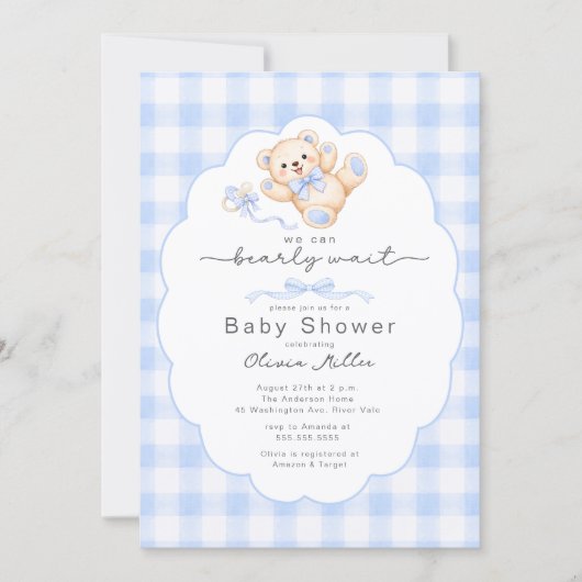 Bearly Wait Blue Teddy Bear Baby Shower Invite 招待状 (正面)