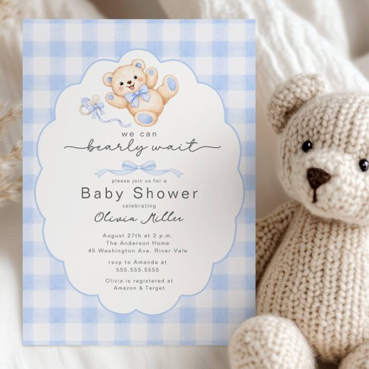 Bearly Wait Blue Teddy Bear Baby Shower Invite 招待状