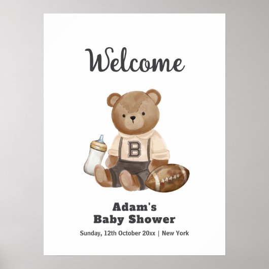 Bearly Wait Football Sport Baby Shower Welcome ポスター (正面)