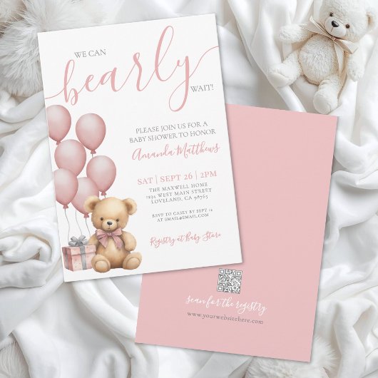 Bearly Wait Girl Pink Bear Baby Shower 招待状