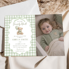 Bearly Wait Green Teddy Bear Baby Shower Photo 招待状