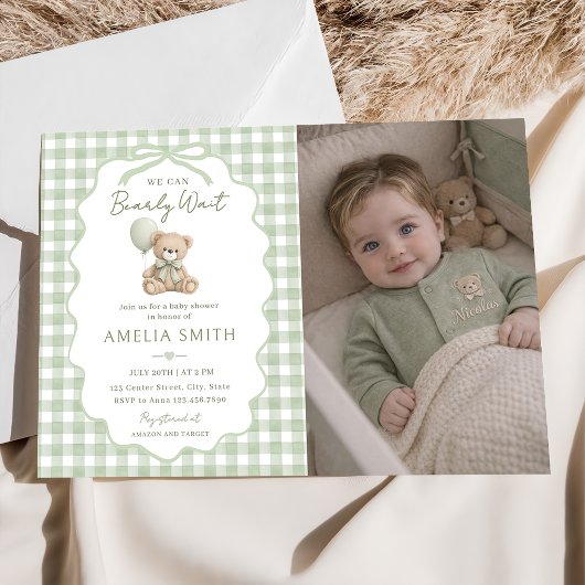 Bearly Wait Green Teddy Bear Baby Shower Photo 招待状