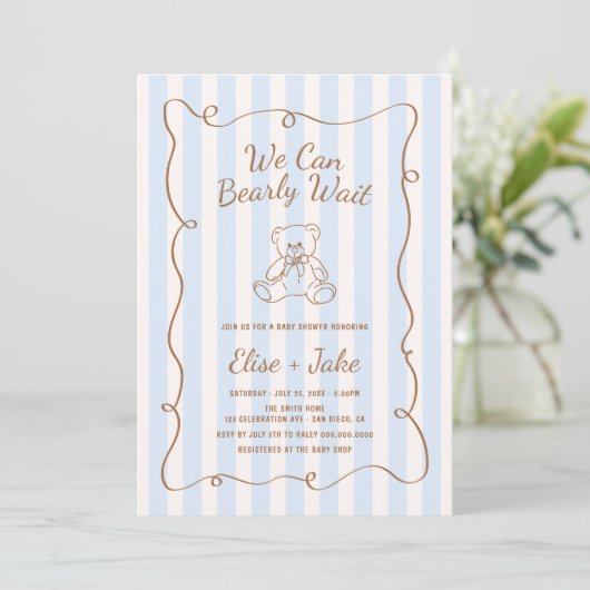 Bearly Wait Hand Drawn Blue Stripes Baby Shower 招待状 (スタンド正面)