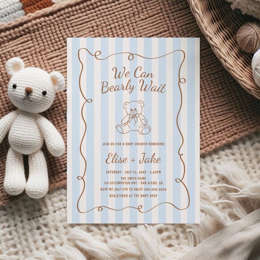 Bearly Wait Hand Drawn Blue Stripes Baby Shower 招待状