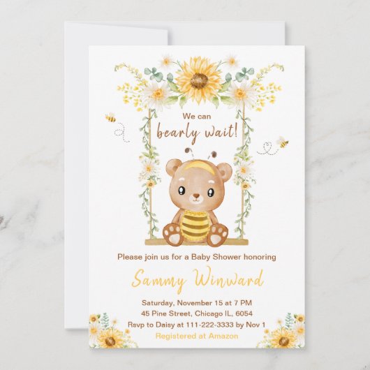 Bearly Wait Honey Bear Swing Baby Shower 招待状 (正面)