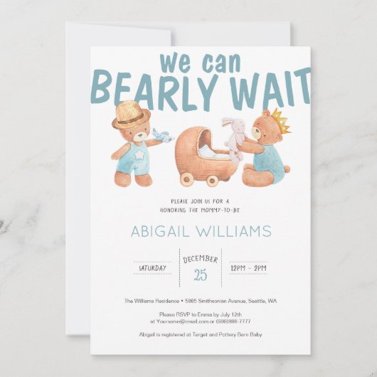 Bearly Wait It's a Boy Teddy Bear Baby Shower 招待状 (正面)
