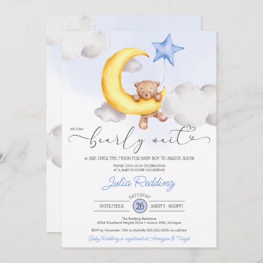 Bearly Wait Moon & Star Teddy Bear Boy Baby Shower 招待状 (正面/裏面)