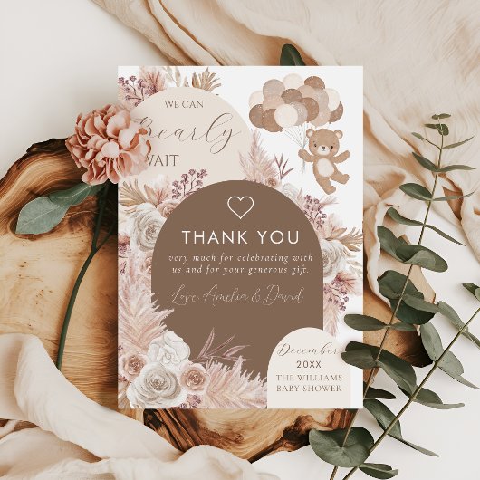 Bearly Wait Neutral Boho Teddy Bear Thank You サンキューカード