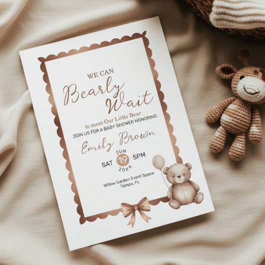Bearly Wait Neutral Teddy Baby Shower Invitation 招待状