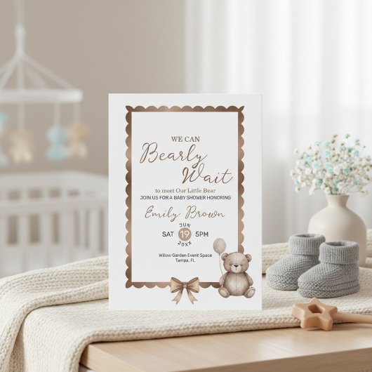Bearly Wait Neutral Teddy Baby Shower Invitation 招待状