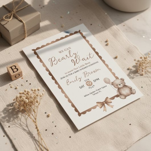 Bearly Wait Neutral Teddy Baby Shower Invitation 招待状