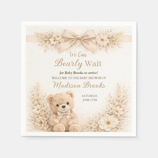 Bearly Wait Neutral Teddy Bear Baby Shower Boho スタンダードカクテルナプキン (正面)