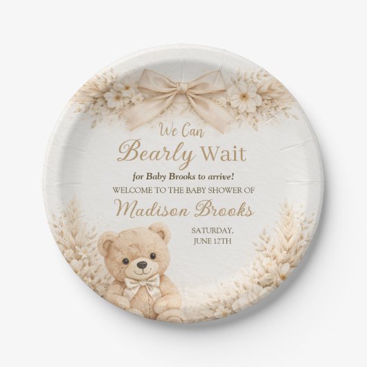 Bearly Wait Neutral Teddy Bear Baby Shower Boho ペーパープレート (正面)