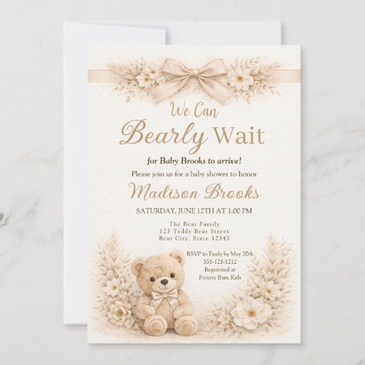 Bearly Wait Neutral Teddy Bear Baby Shower Boho 招待状 (正面)
