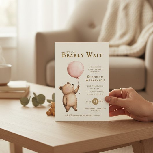 Bearly Wait Pink Balloon Baby Shower QR Code  招待状