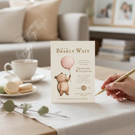 Bearly Wait Pink Balloon Baby Shower QR Code  招待状