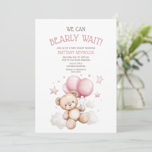 Bearly Wait Pink Bear Baby Shower 招待状 (スタンド正面)