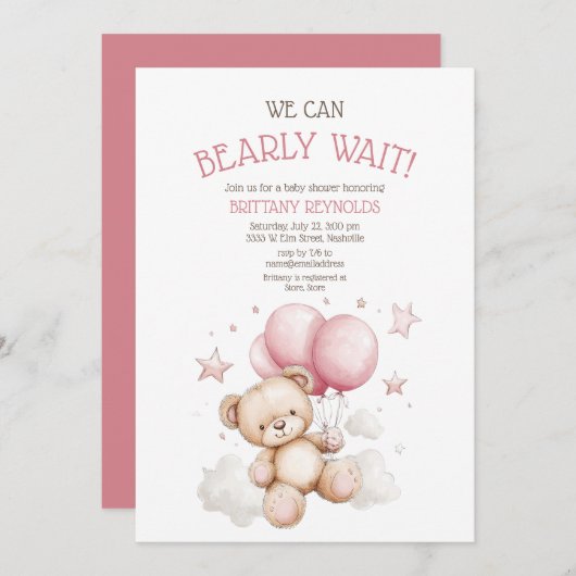 Bearly Wait Pink Bear Baby Shower 招待状 (正面/裏面)