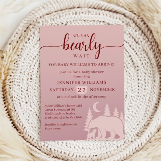 Bearly Wait Pink Forest Baby Shower 招待状