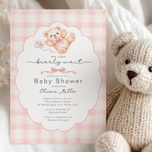 Bearly Wait Pink Teddy Bear Baby Shower Invite 招待状