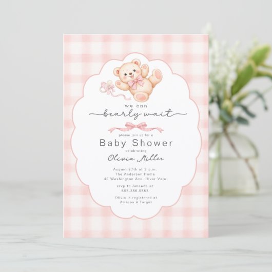 Bearly Wait Pink Teddy Bear Baby Shower Invite 招待状 (スタンド正面)