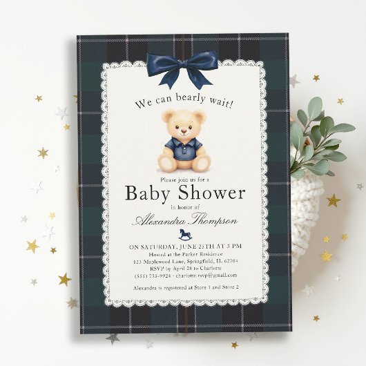 Bearly Wait Polo Bear Plaid Tartan Bow Baby Shower 招待状
