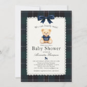 Bearly Wait Polo Bear Plaid Tartan Bow Baby Shower 招待状 (正面)