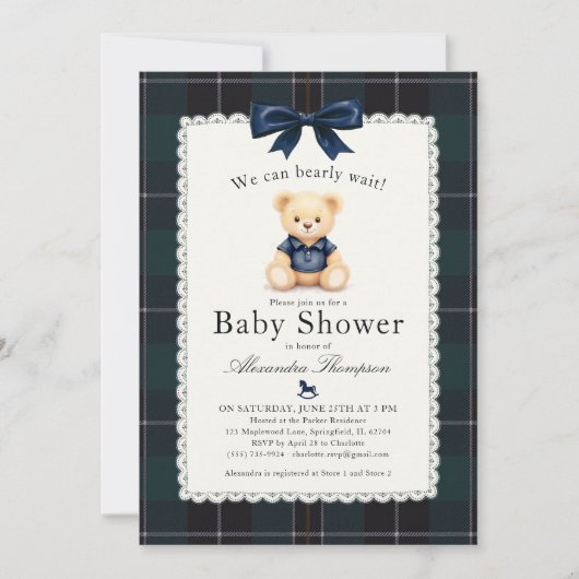 Bearly Wait Polo Bear Plaid Tartan Bow Baby Shower 招待状 (正面)