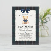 Bearly Wait Polo Bear Plaid Tartan Bow Baby Shower 招待状 (スタンド正面)