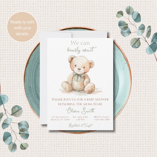 Bearly Wait Teddy Bear Baby Shower Invitation 招待状