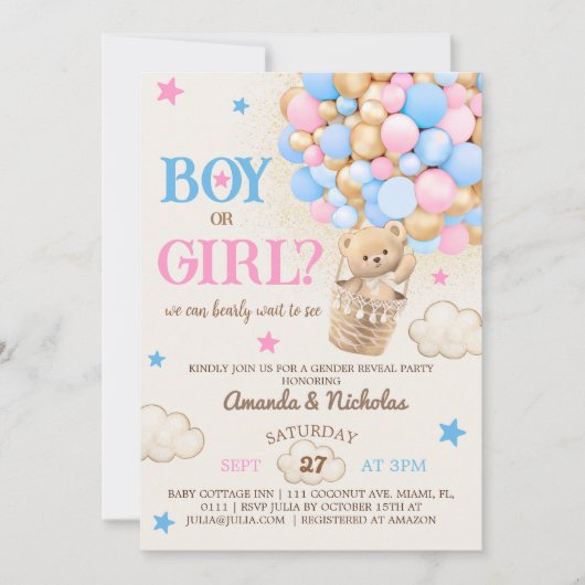 Bearly Wait Teddy Bear Balloons Gender Reveal 招待状 (正面)