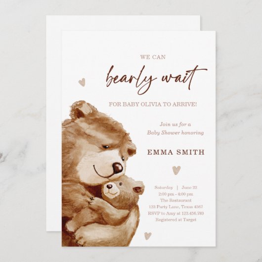 Bearly Wait Teddy Bear Boho Neutral Baby Shower 招待状 (正面/裏面)