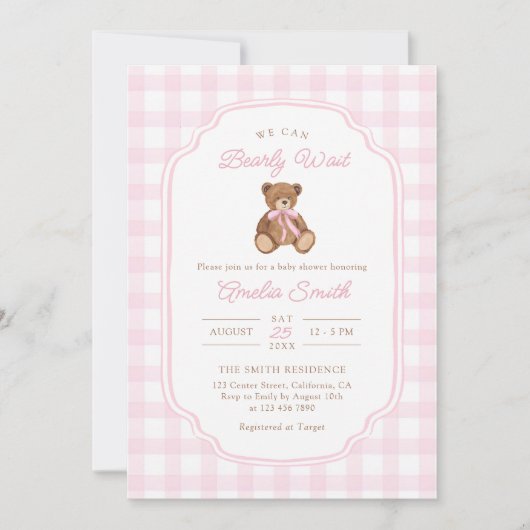 Bearly Wait Teddy Bear Girl Baby Shower 招待状 (正面)