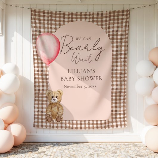 Bearly Wait Teddy Bear Girl Baby Shower Backdrop タペストリー