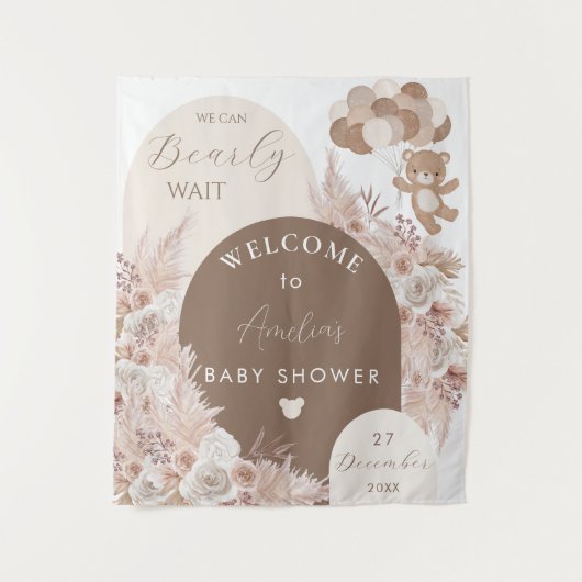 Bearly Wait Teddy Bear Neutral Boho Shower Backdro タペストリー (正面)