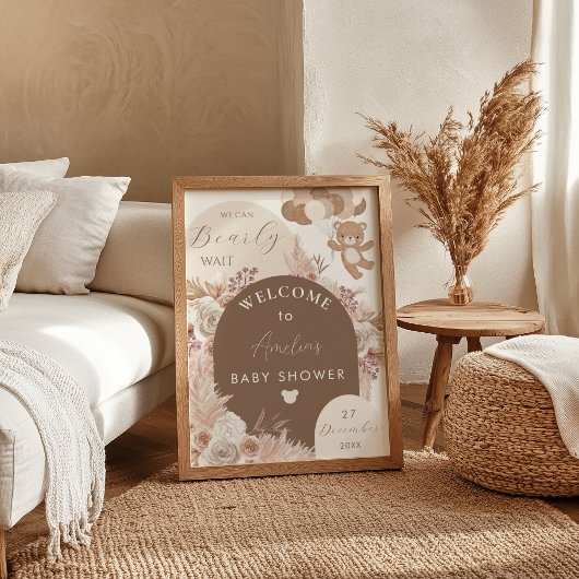 Bearly Wait Teddy Bear Neutral Boho Shower Welcome ポスター