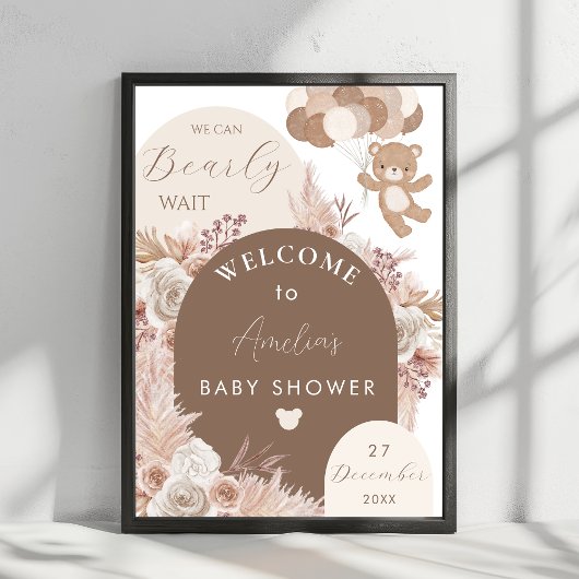 Bearly Wait Teddy Bear Neutral Boho Shower Welcome ポスター