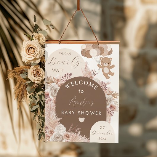 Bearly Wait Teddy Bear Neutral Boho Shower Welcome ポスター