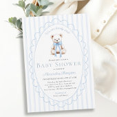 Bearly Wait Teddy Blue Stripes Bow Baby Shower 招待状