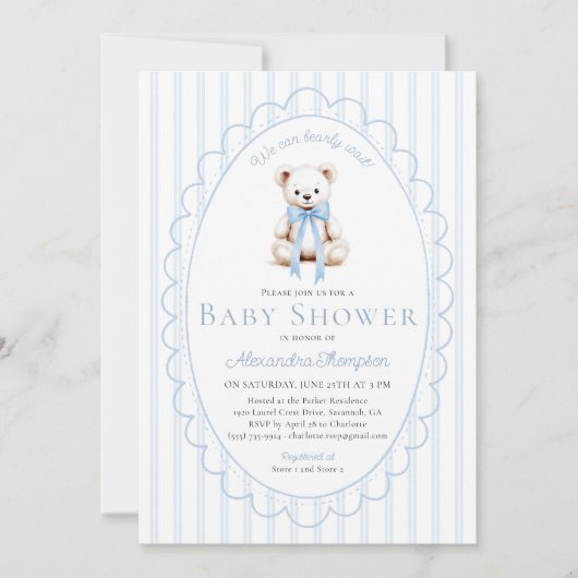 Bearly Wait Teddy Blue Stripes Bow Baby Shower 招待状 (正面)