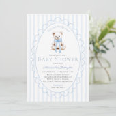 Bearly Wait Teddy Blue Stripes Bow Baby Shower 招待状 (スタンド正面)