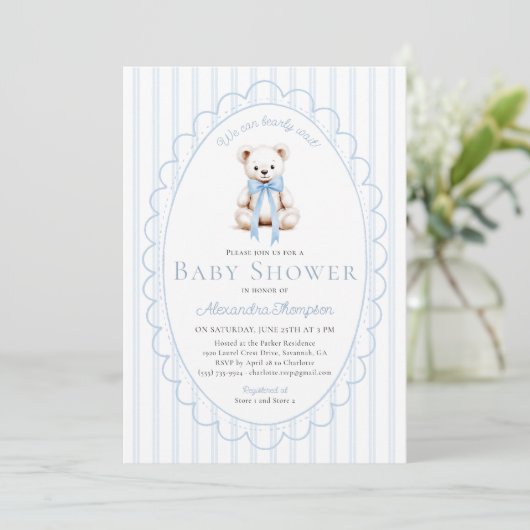 Bearly Wait Teddy Blue Stripes Bow Baby Shower 招待状 (スタンド正面)