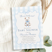 Bearly Wait Teddy Bow Blue Gingham Baby Shower 招待状