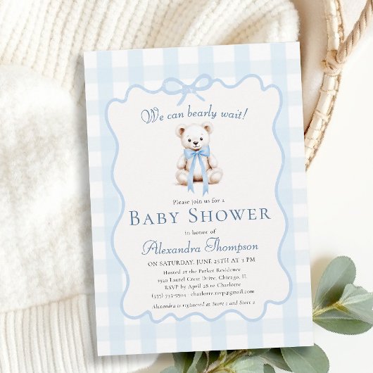 Bearly Wait Teddy Bow Blue Gingham Baby Shower 招待状