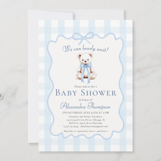 Bearly Wait Teddy Bow Blue Gingham Baby Shower 招待状 (正面)